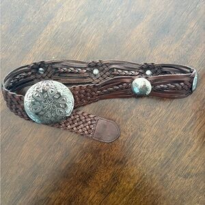 Brown Braided Leather Belt with Silver Accents